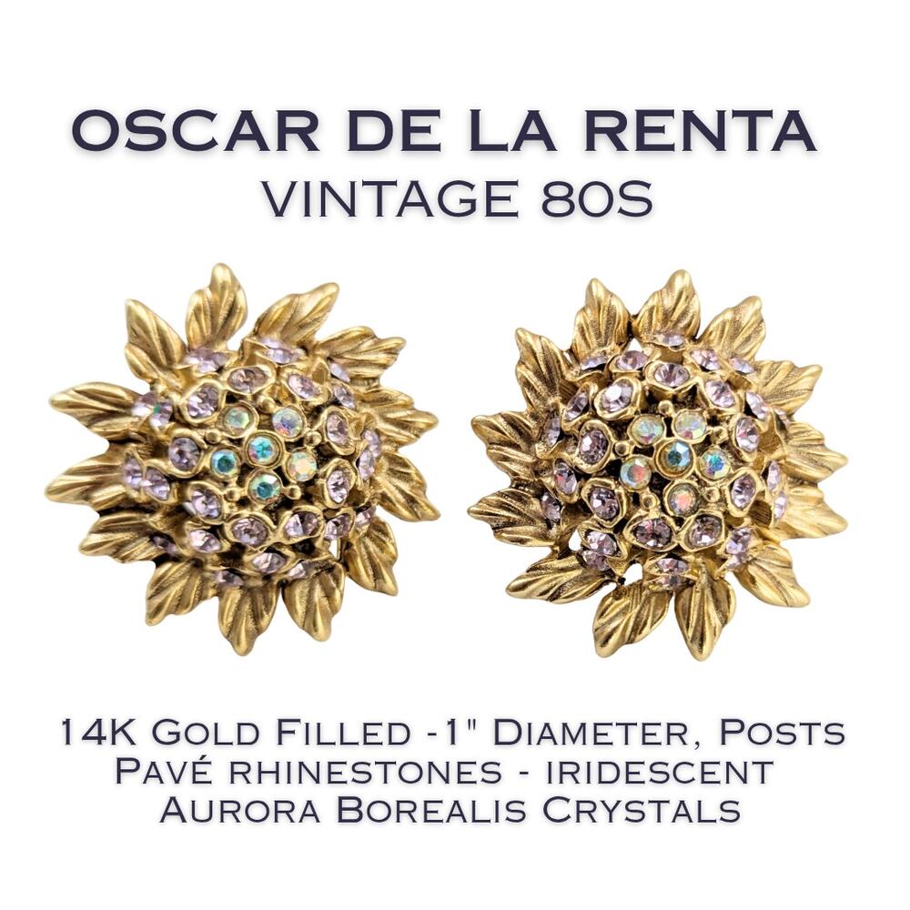 Oscar De La Renta Earrings Vintage 80s Gold Sunflower Purple Rhinestone Post